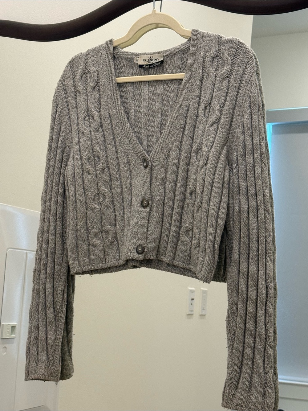 Vintage Miss Valentino Gray Cable-Knit V-Neck Cardigan Sweater S